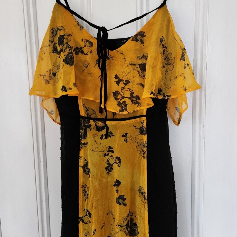 Religion Off Shoulder Yellow Floral Ruffle And Black Swiss Dot Maxi Dress - Picture 3 of 11